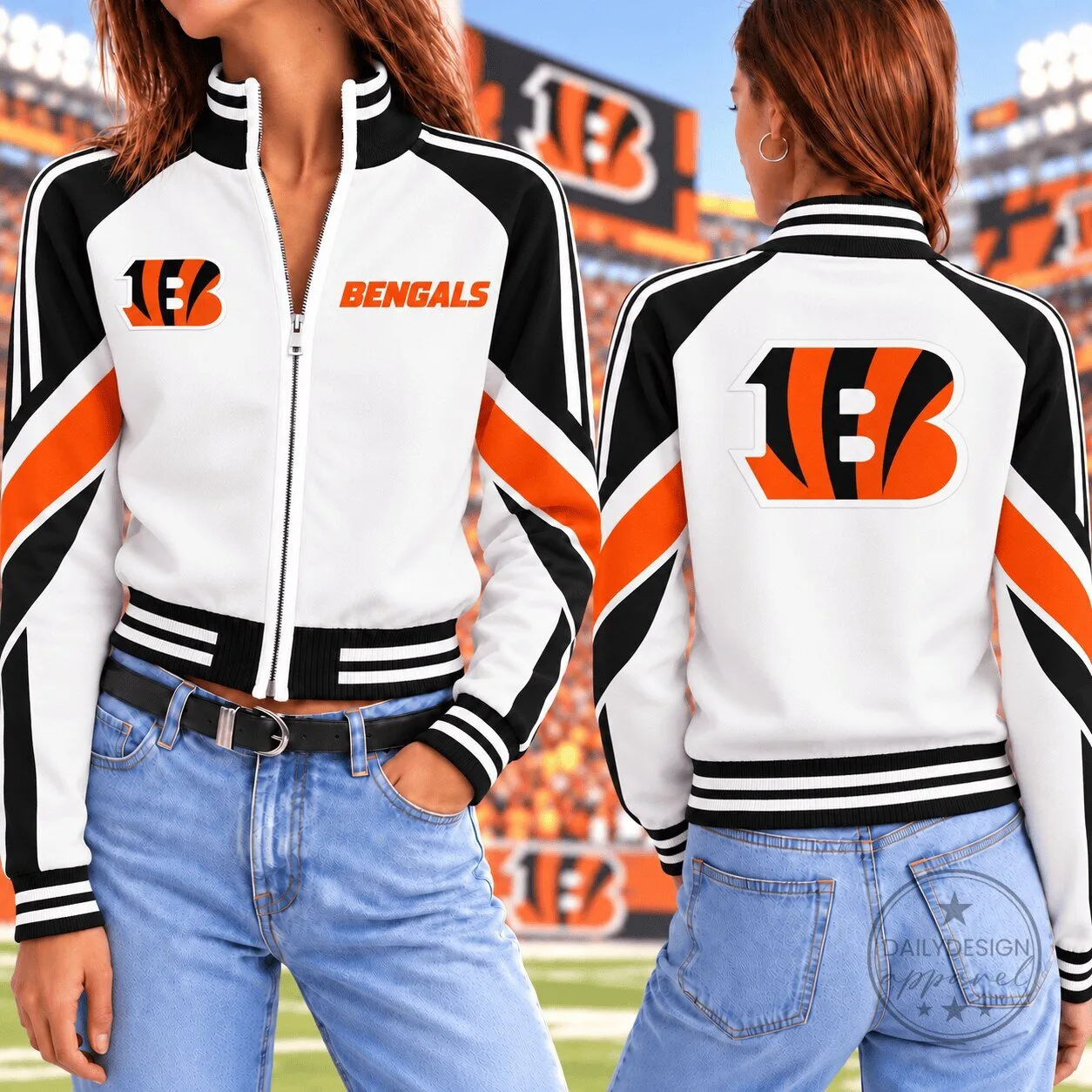 Cincinnati Bengals NFL Football Team White and Orange Colorblock Bomber Jacket