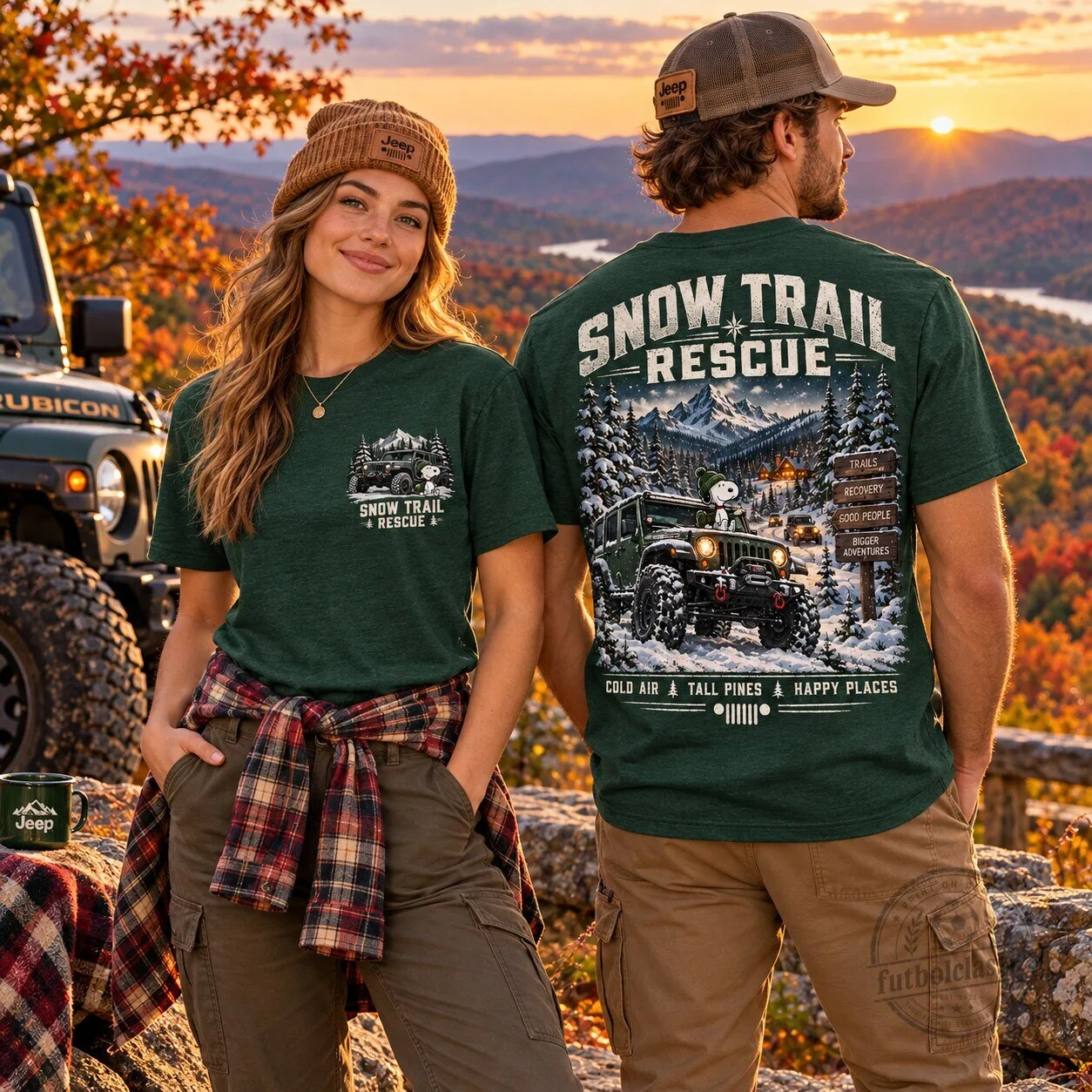 Jeep Snoopy Snow Trail Rescue Forest Green T-Shirt