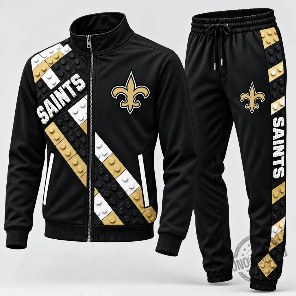 New Orleans Saints Football Team Black Gold Block Fusion Tracksuit Set New Orleans Saints Football Team Black Gold Block Fusion Tracksuit Set