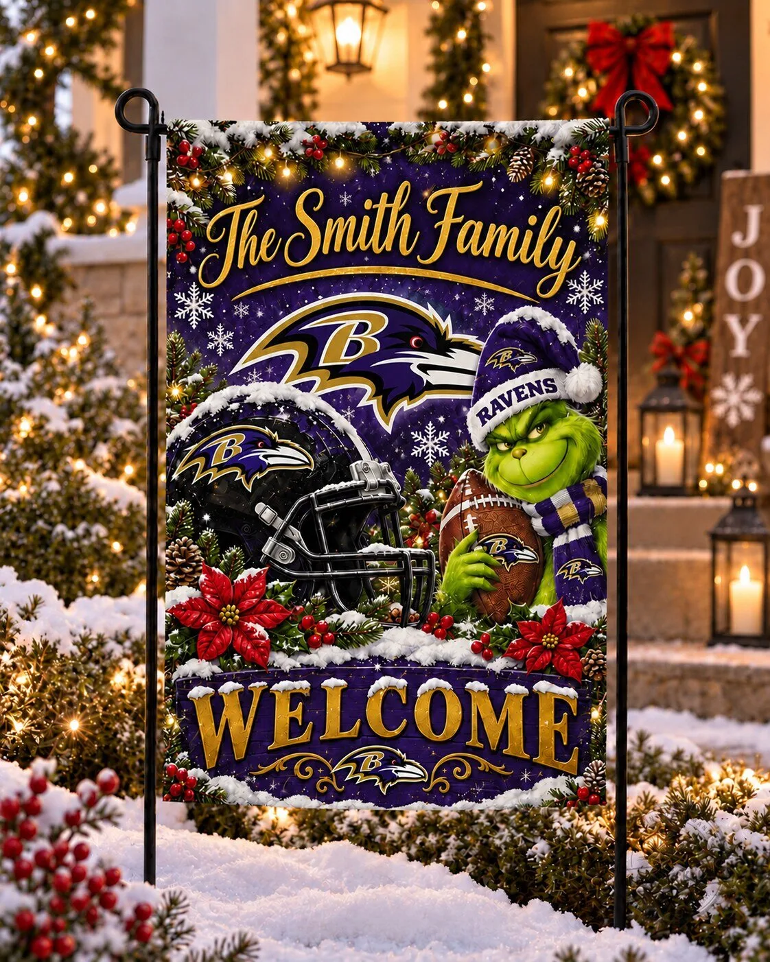 Baltimore Ravens NFL Christmas Grinch Personalized Family Name Welcome Garden Flag