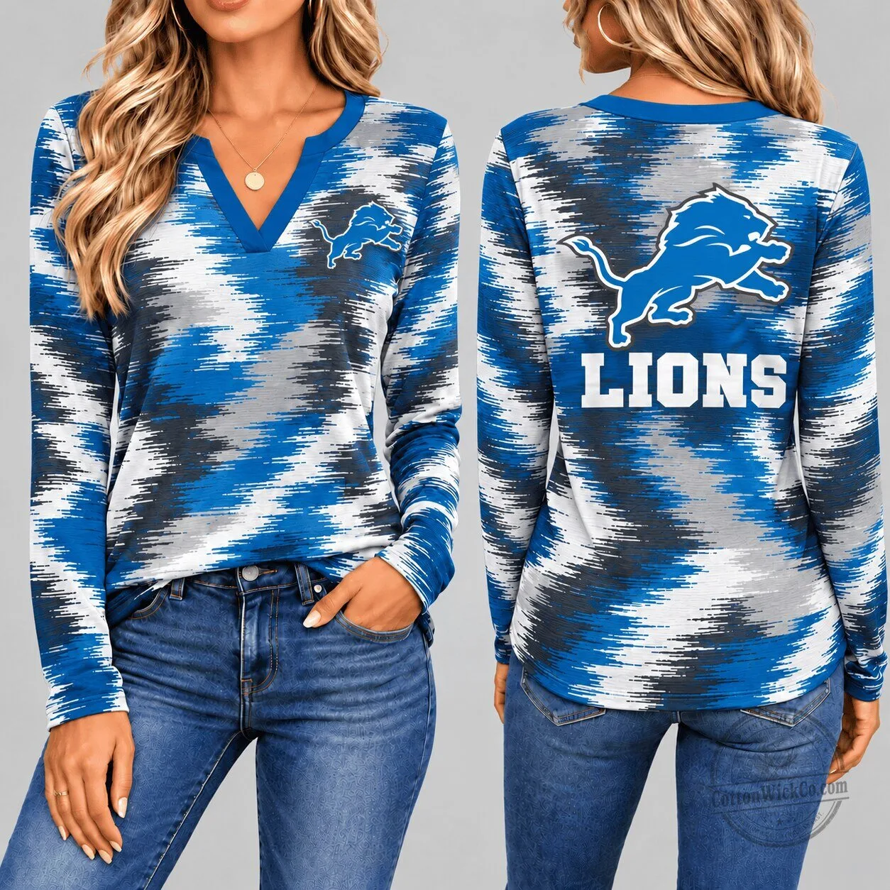 Detroit Lions Dynamic Brushstroke V-Neck Long Sleeve Shirt for Women 1 Detroit Lions Dynamic Brushstroke V-Neck Long Sleeve Shirt for Women