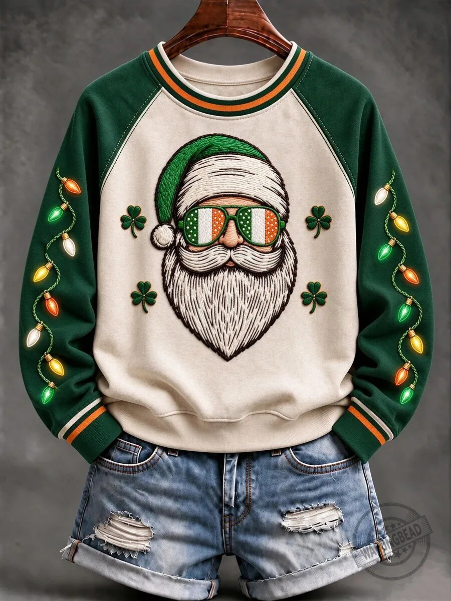 Irish Santa Claus Christmas Lights Clover Raglan Sleeve Sweatshirt