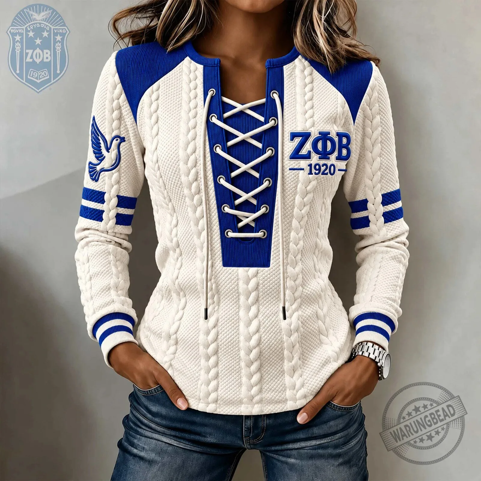 Zeta Phi Beta Sorority Lace-Up Cable Knit Long Sleeve Shirt