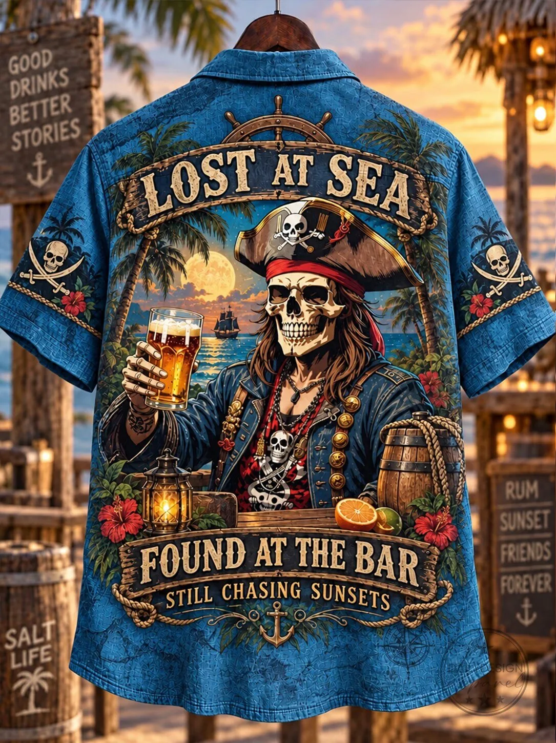 Hawaiian Shirt Featuring a Pirate Skull: Lost At Sea, Found At The Bar Design