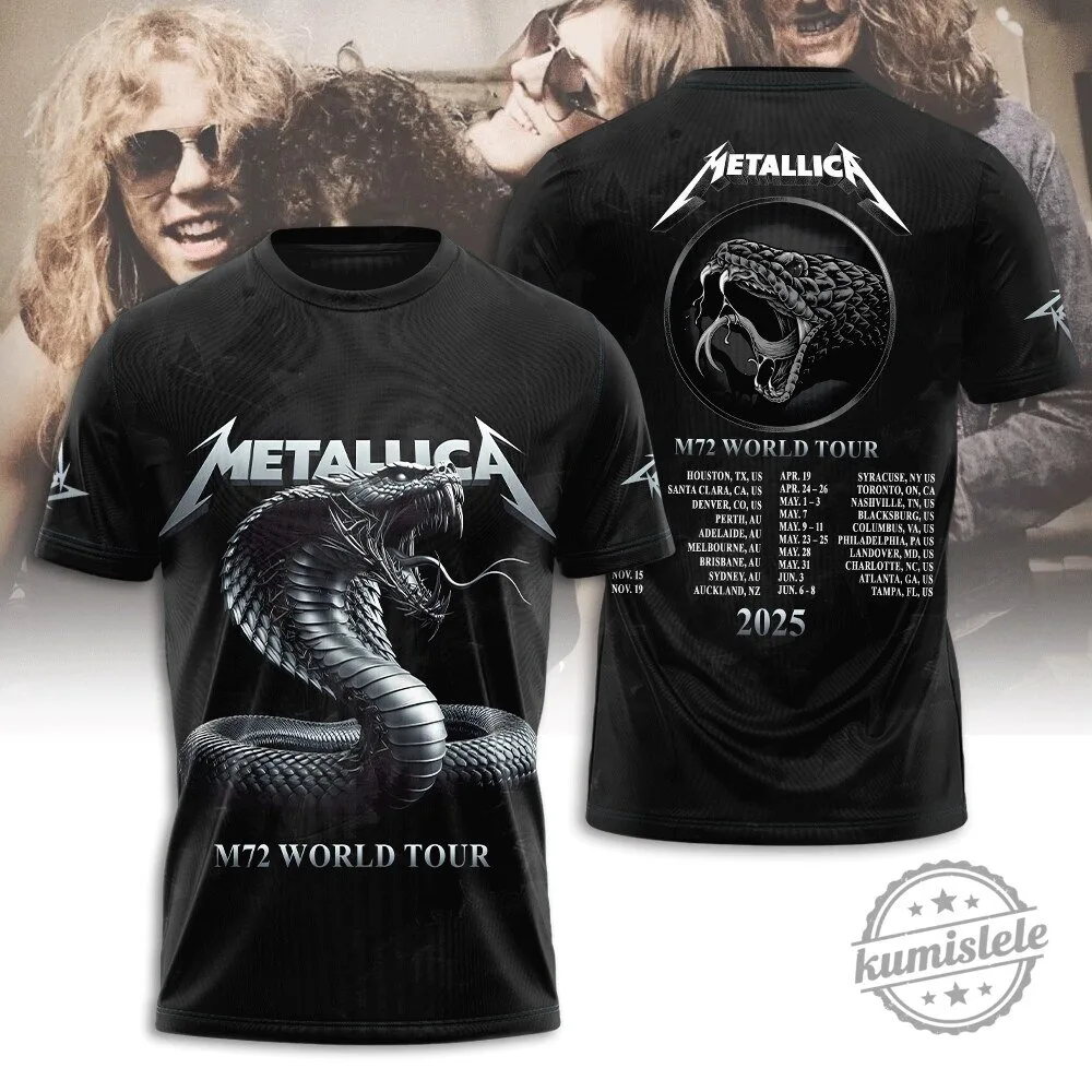 Metallica M72 World Tour Black Album Snake Graphic Band Music T-Shirt 1 Metallica M72 World Tour Black Album Snake Graphic Band Music T-Shirt