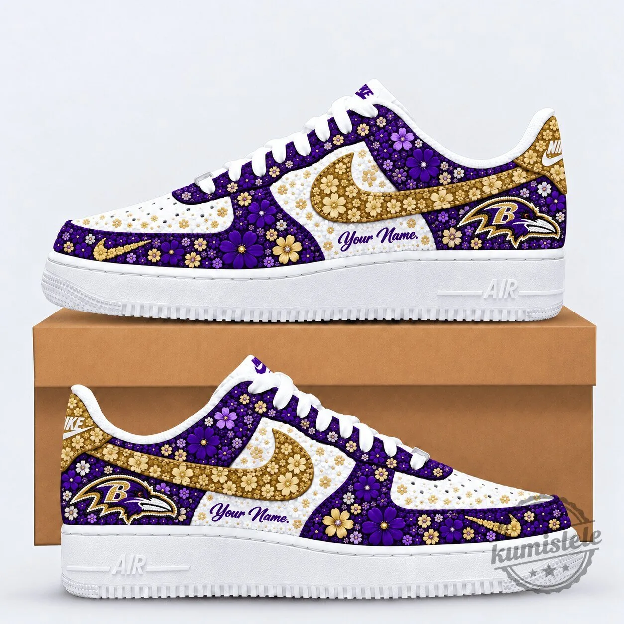 Baltimore Ravens Floral Heritage Custom Name White Gold Purple Team Shoes
