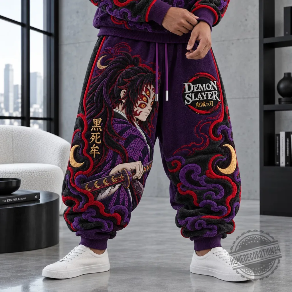 Demon Slayer Kokushibo Anime Embroidered Purple Sweatpants for Men Demon Slayer Kokushibo Anime Embroidered Purple Sweatpants for Men