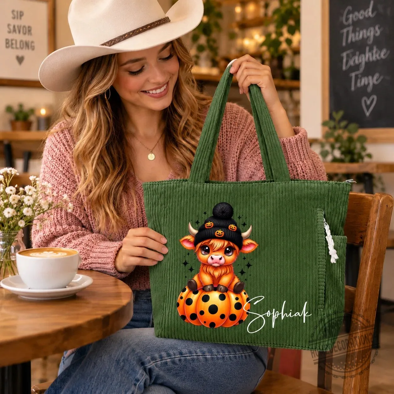 Personalized Highland Cow Halloween Pumpkin Corduroy Tote Bag
