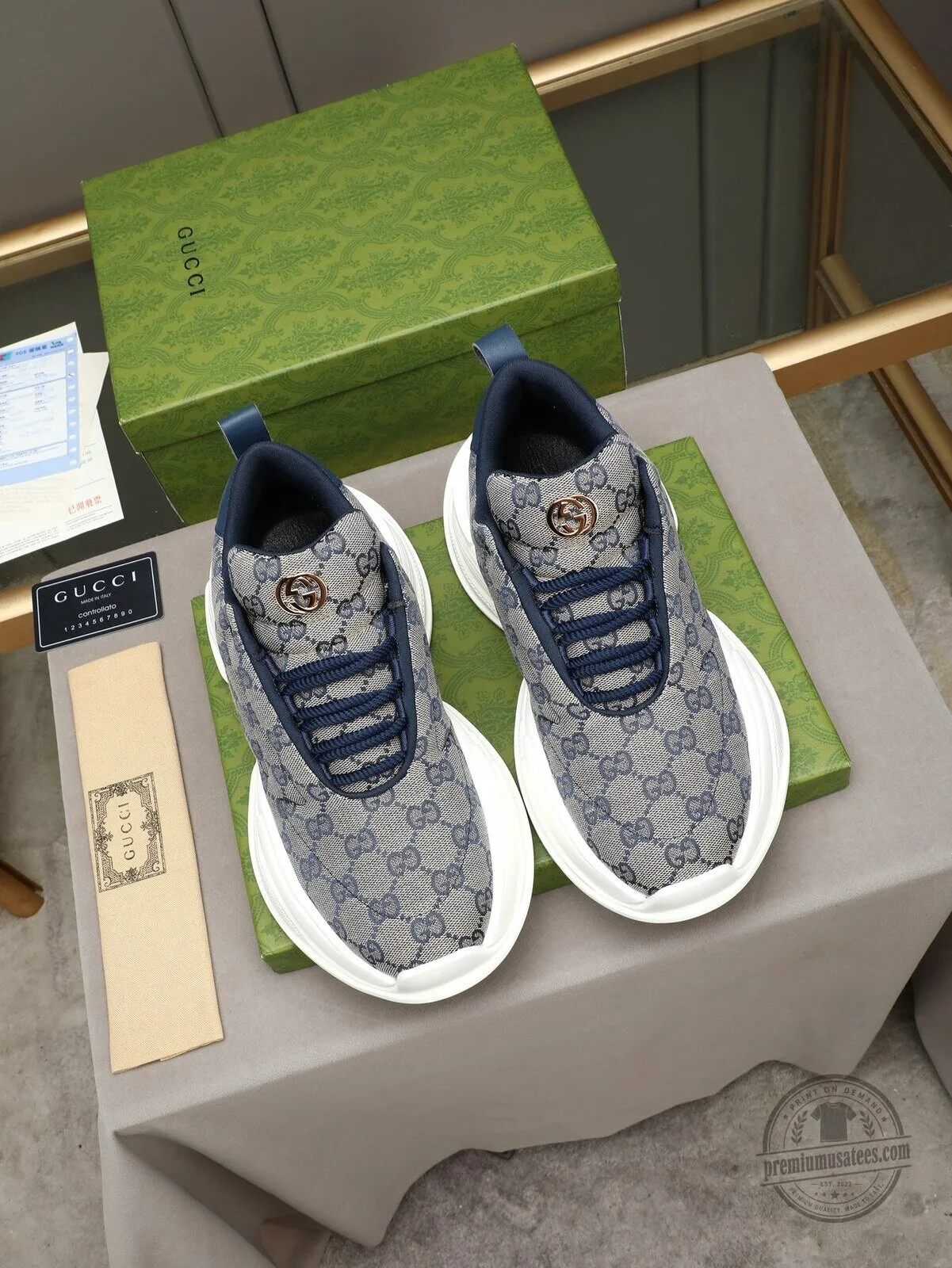 Gucci Monogram Blue and Grey Designer Fashion Sneakers for Men