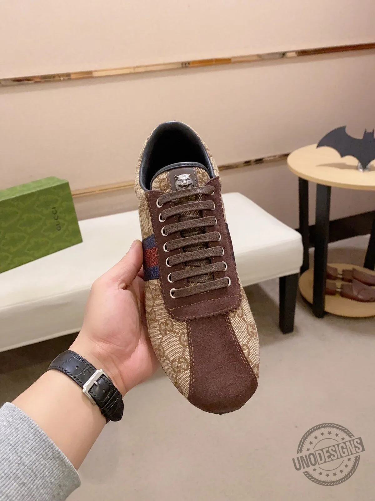 Gucci GG Supreme Canvas Brown Suede Low Top Sneakers for Men