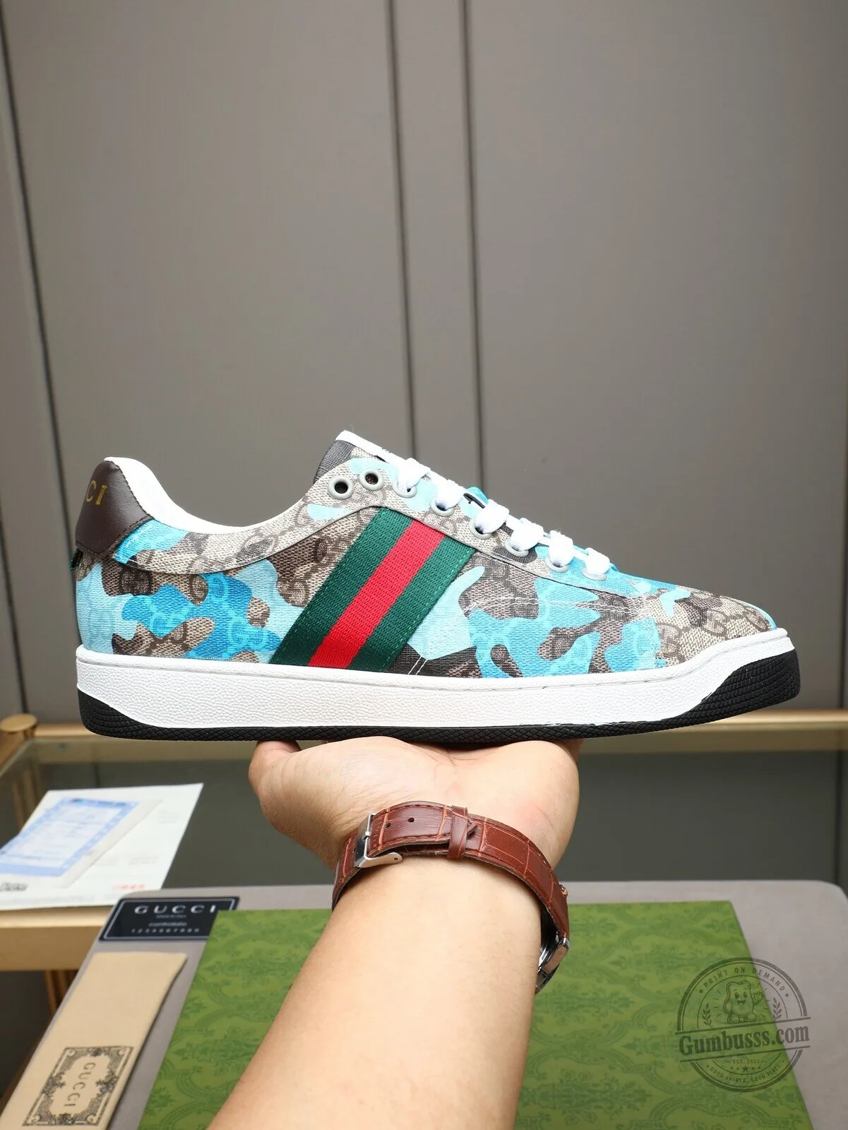 Gucci Blue Camouflage Print Ace Sneakers for Men and Women 4 Gucci Blue Camouflage Print Ace Sneakers for Men and Women
