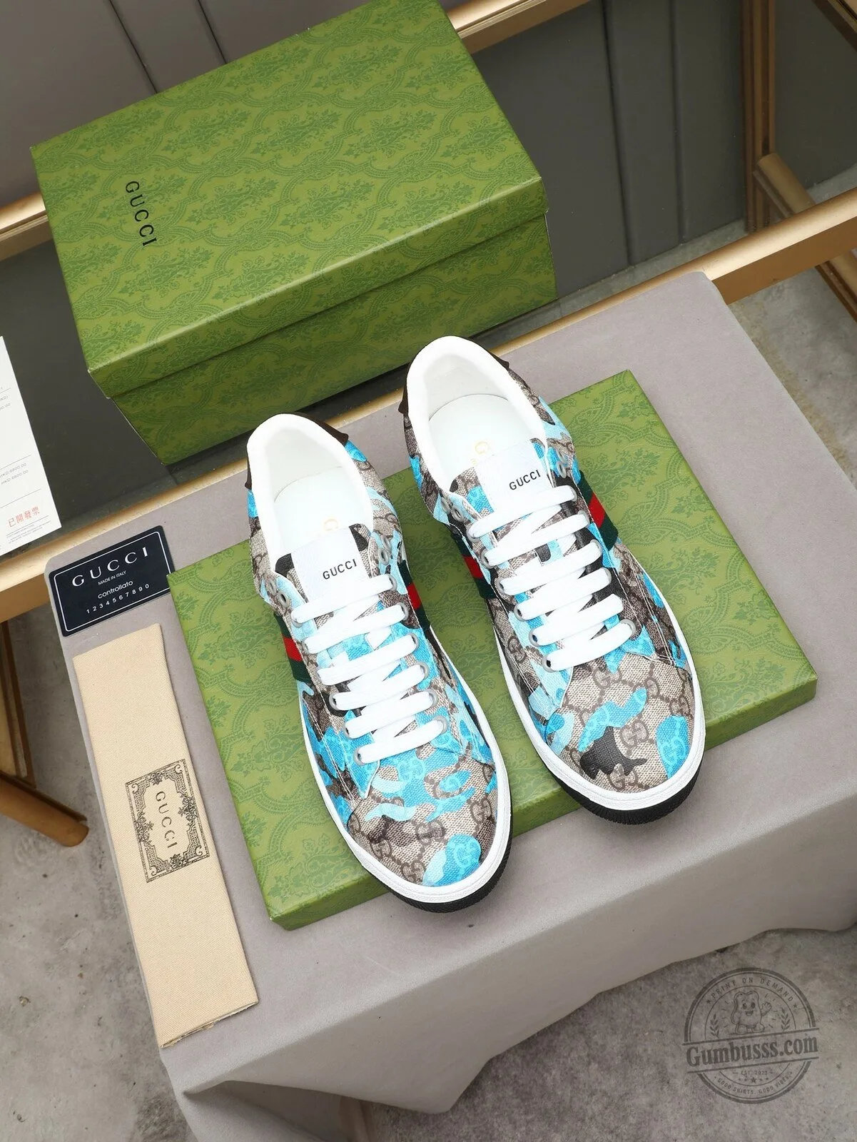 Gucci Blue Camouflage Print Ace Sneakers for Men and Women 5 Gucci Blue Camouflage Print Ace Sneakers for Men and Women