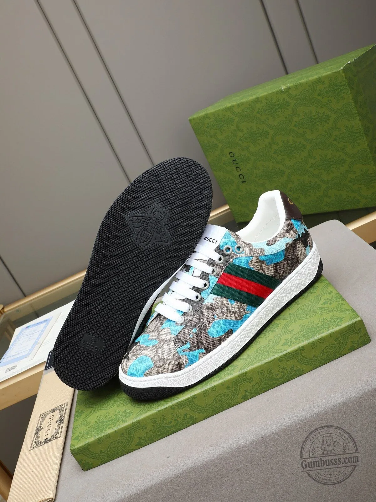 Gucci Blue Camouflage Print Ace Sneakers for Men and Women 6 Gucci Blue Camouflage Print Ace Sneakers for Men and Women