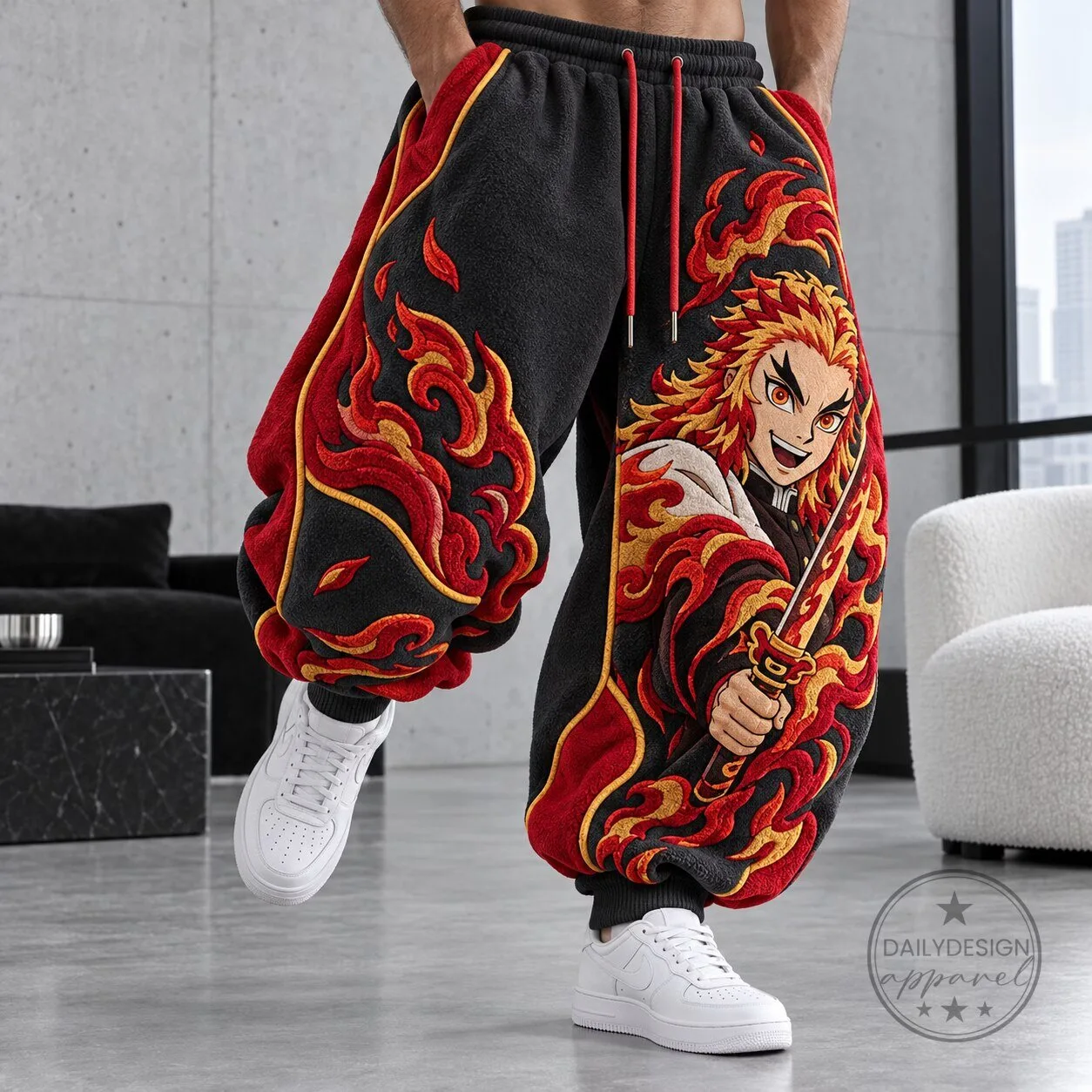 Demon Slayer Rengoku Kyojuro Fire Hashira Anime Embroidered Sweatpants