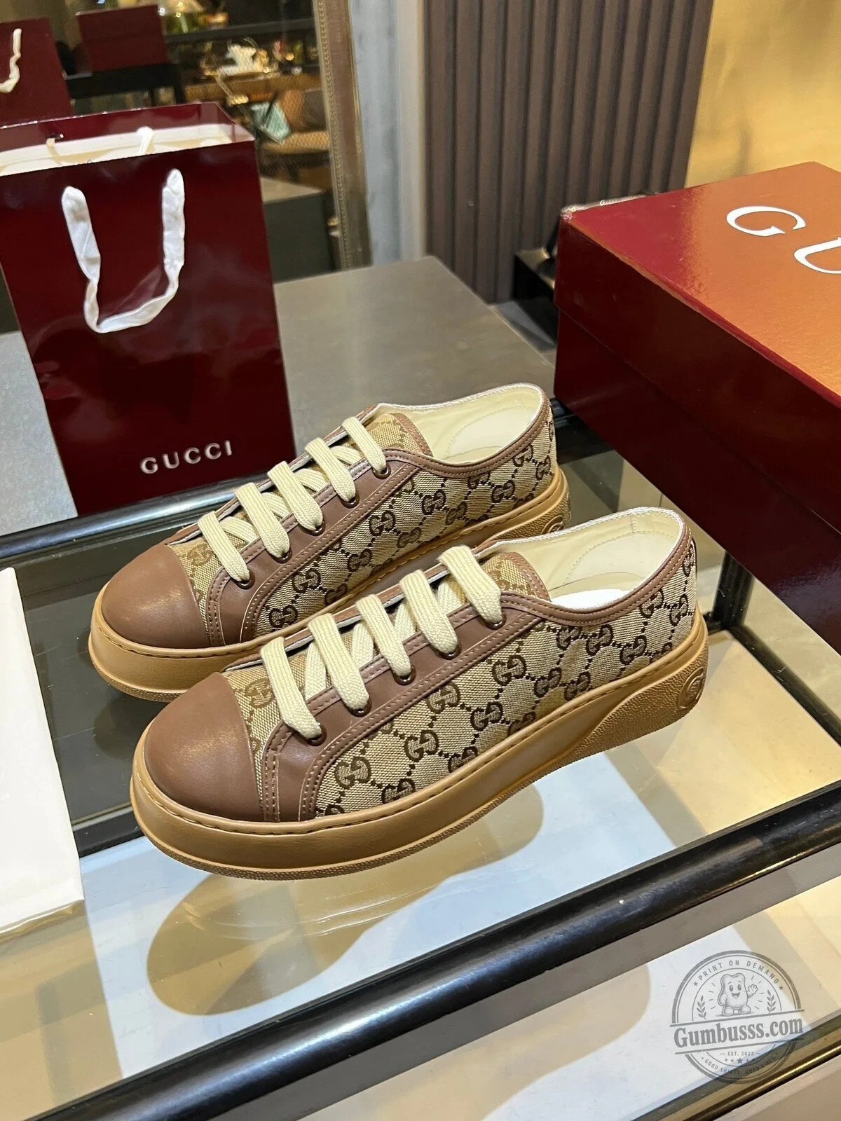Gucci Monogram Canvas Leather Low Top Sneakers