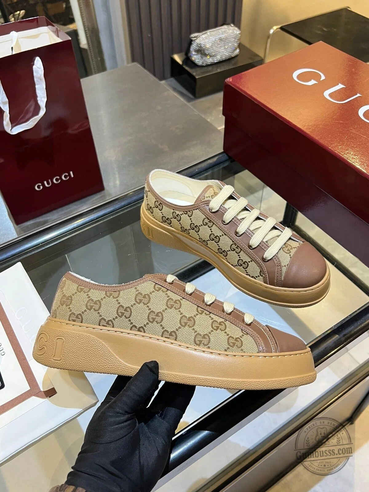 Gucci Monogram Canvas Leather Low Top Sneakers 5 Gucci Monogram Canvas Leather Low Top Sneakers