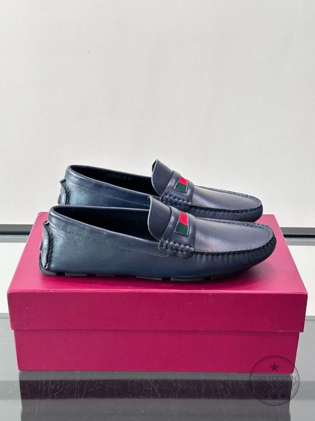 Gucci Men's Navy Blue Leather Horsebit Loafers with Web Stripe Detail