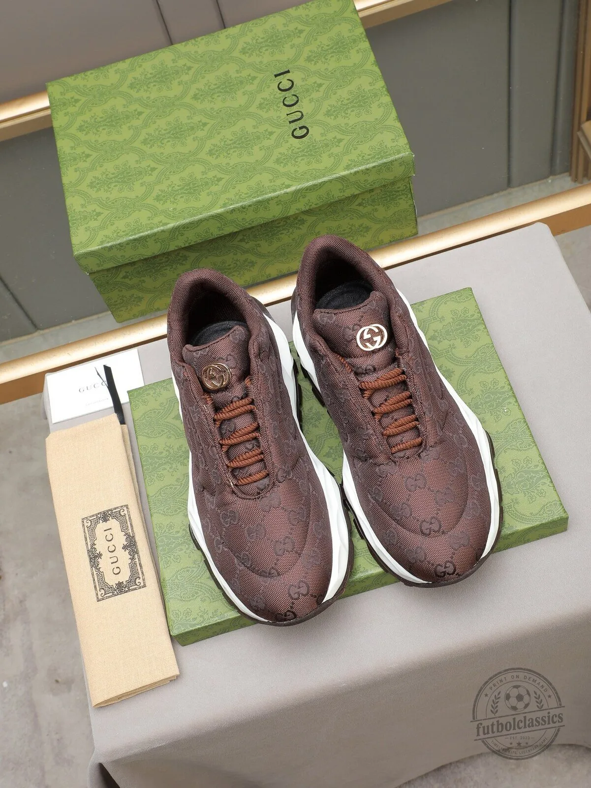 Gucci Brown Monogram GG Pattern Sneakers with White Soles and Gold Logo