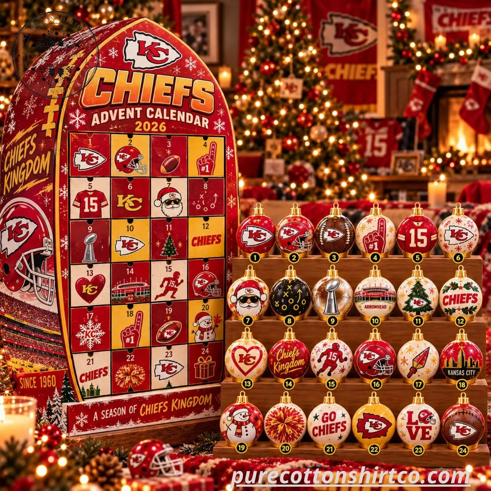 Kansas City Chiefs Advent Calendar 2026 - Christmas Countdown Box with 24 Ornaments