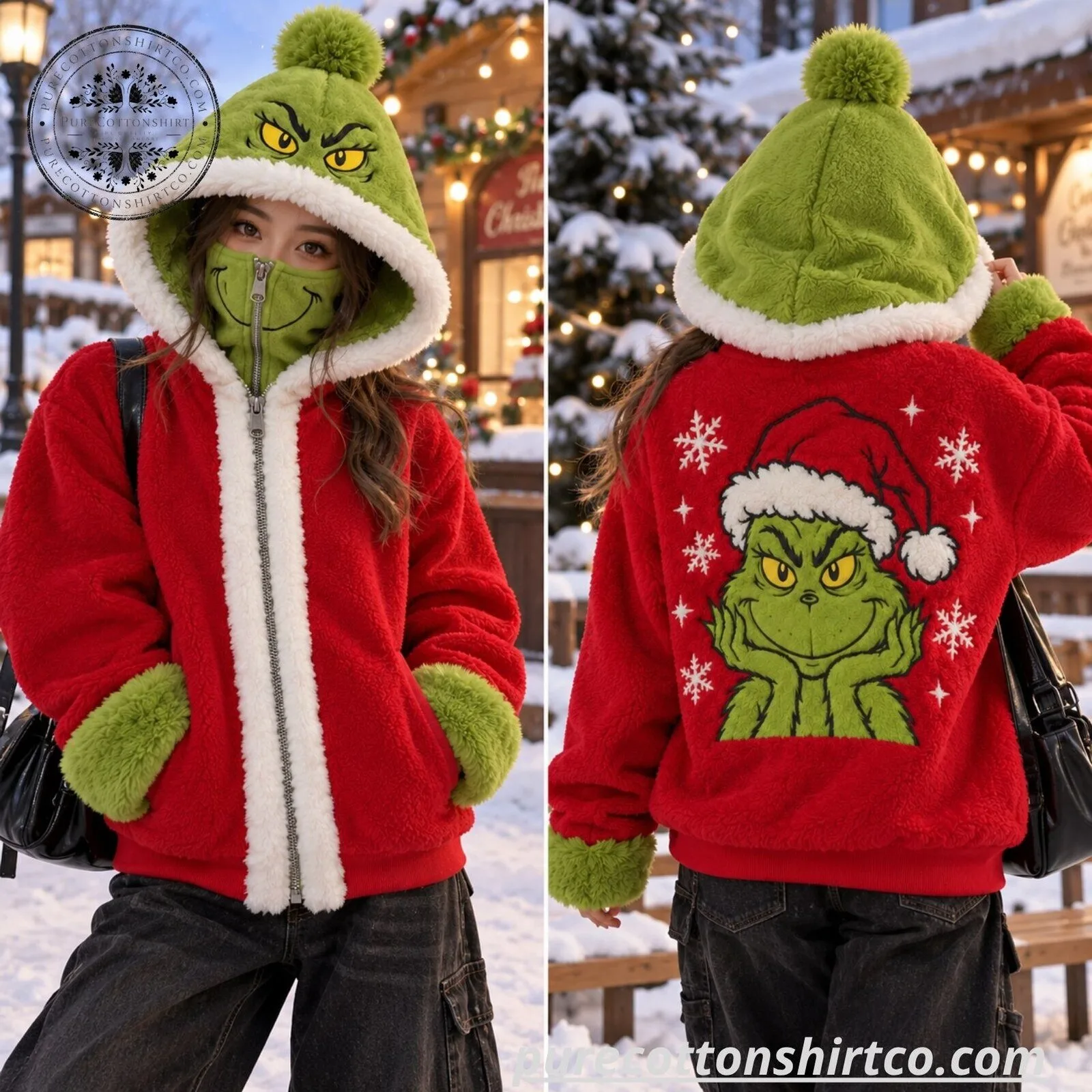 Christmas Grinch Plush Fleece Full Zip Gaiter Hooded 7 Christmas Grinch Plush Fleece Full Zip Gaiter Hooded