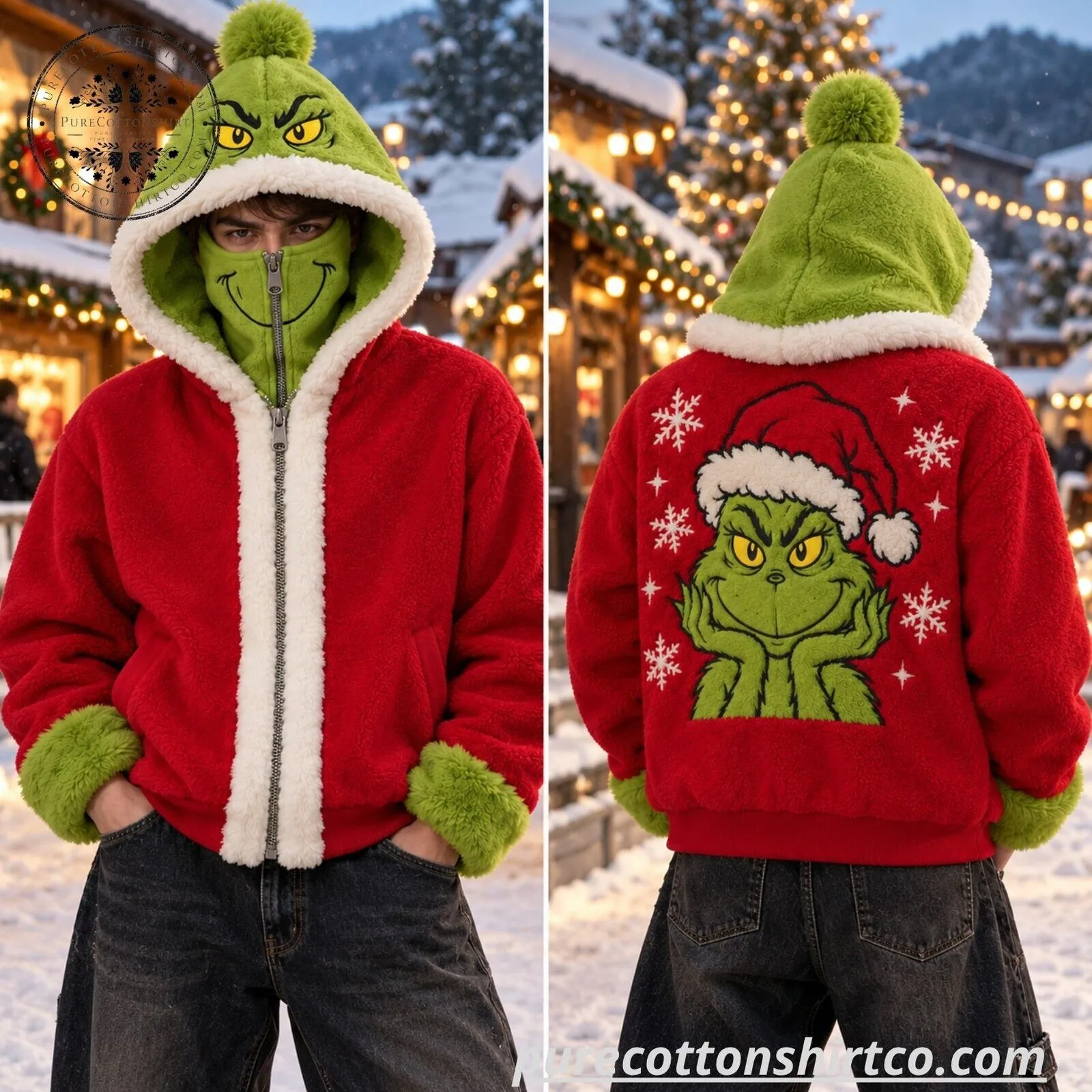 Christmas Grinch Plush Fleece Full Zip Gaiter Hooded 8 Christmas Grinch Plush Fleece Full Zip Gaiter Hooded