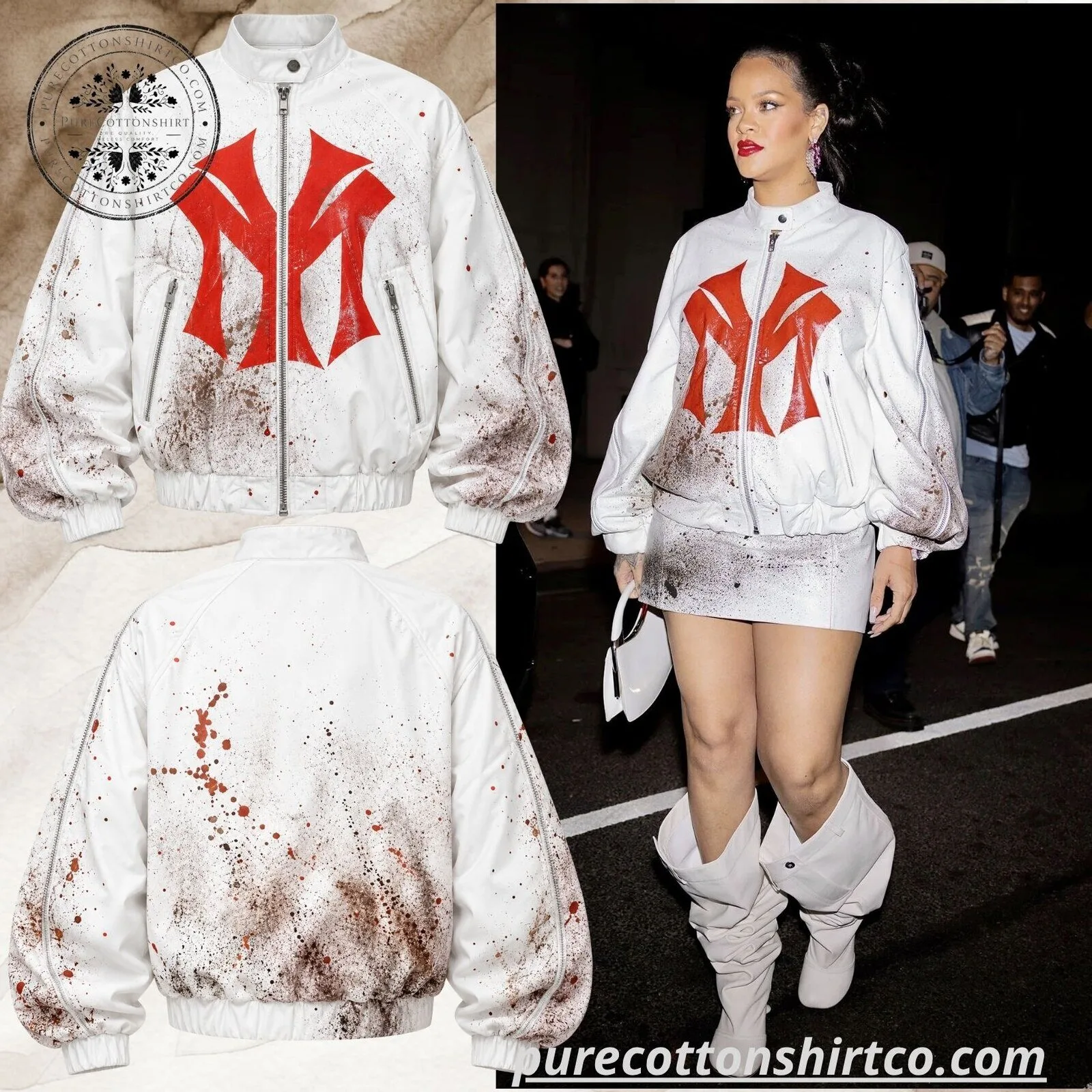 Rihanna Style NY Yankees Graphic Leather Bomber Jacket