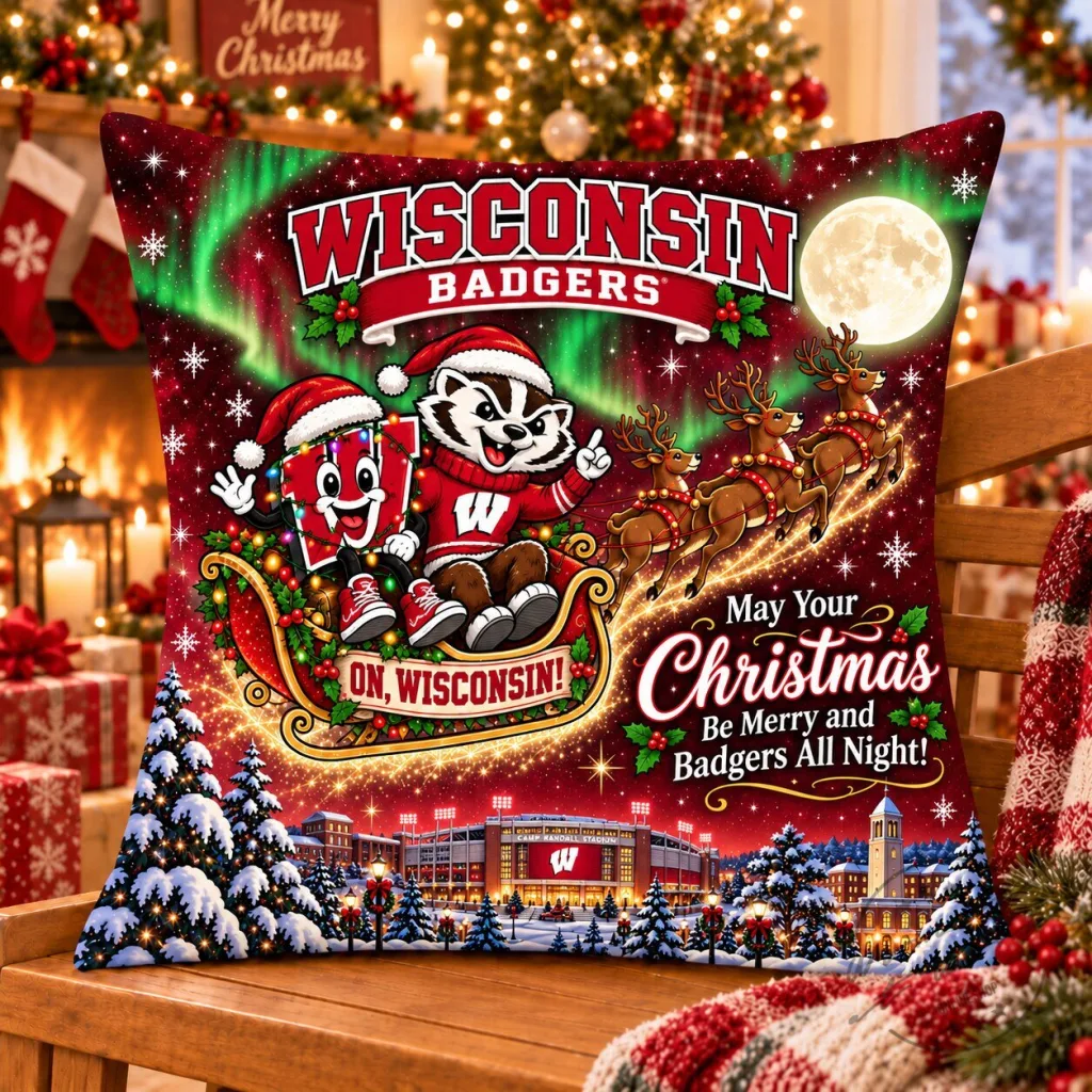 Wisconsin Badgers Christmas Sleigh Ride Holiday Decorative Pillow Wisconsin Badgers Christmas Sleigh Ride Holiday Decorative Pillow