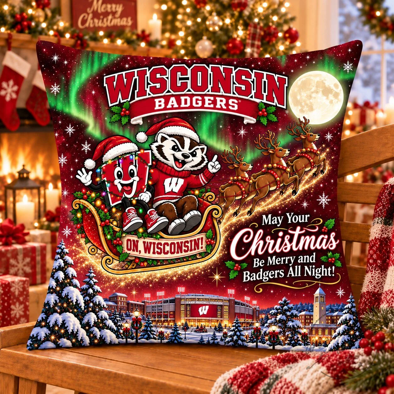 Wisconsin Badgers Christmas Sleigh Ride Holiday Decorative Pillow