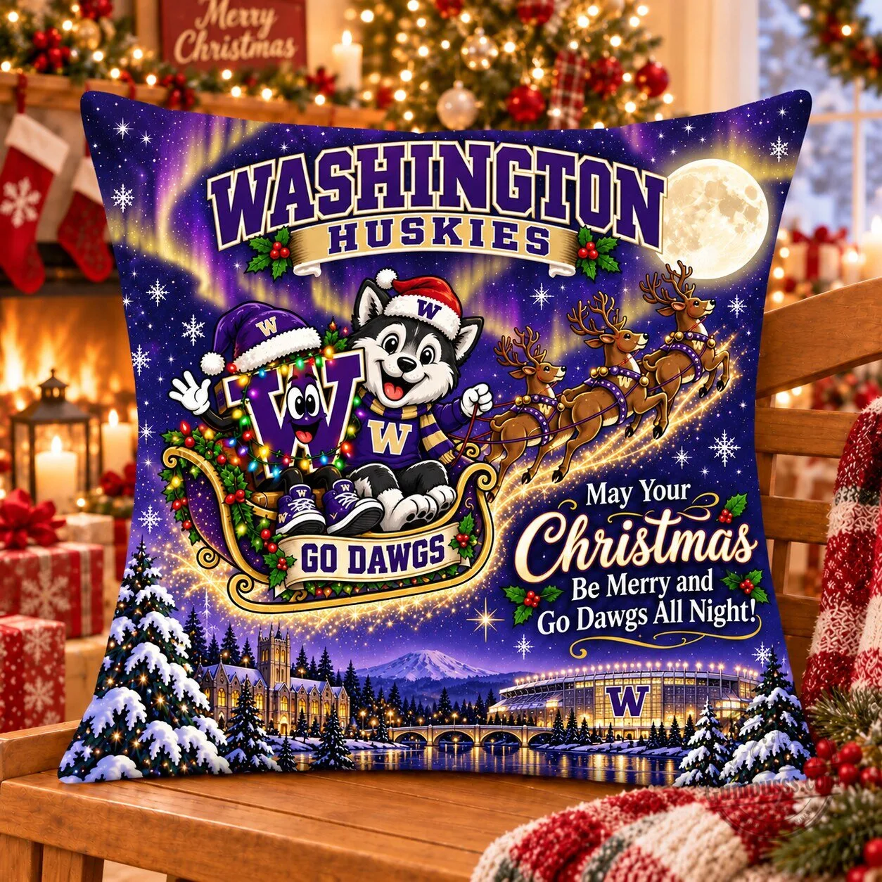 Washington Huskies Magical Christmas Night Flight Decorative Pillow