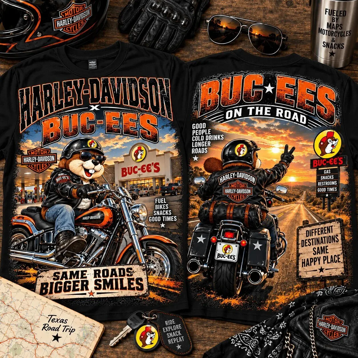 Buc-ee’s Harley Davidson Motorcycle Road Trip T-Shirt for Men and Women