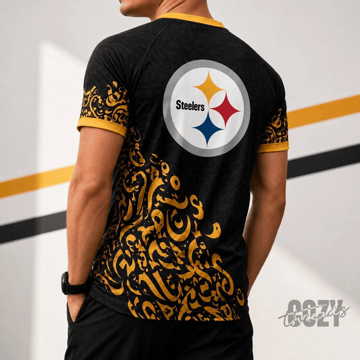 Pittsburgh Steelers NFL Fan Shirt, Black and Gold Calligraphy Design T-Shirt