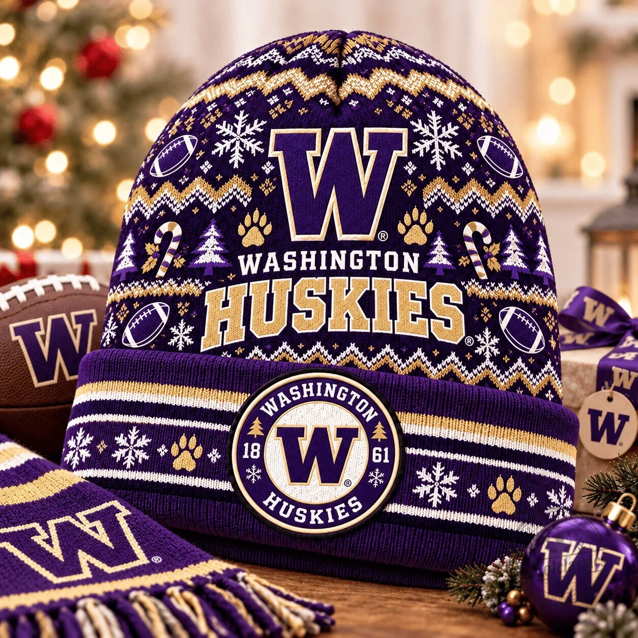 Washington Huskies Christmas Ugly Sweater Style Beanie Hat