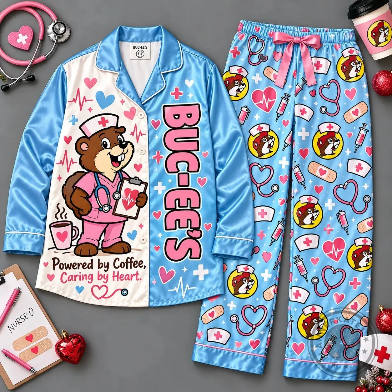 Buc-ee's Nurse Pajamas Set Powered By Coffee Caring By Heart