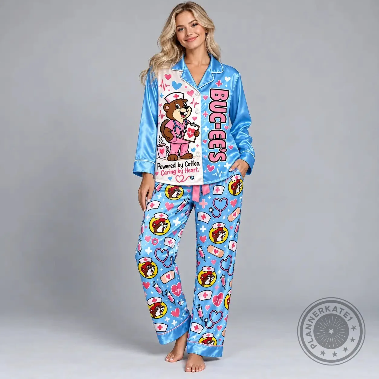 Buc-ee's Nurse Pajamas Set Powered By Coffee Caring By Heart 4 Buc-ee