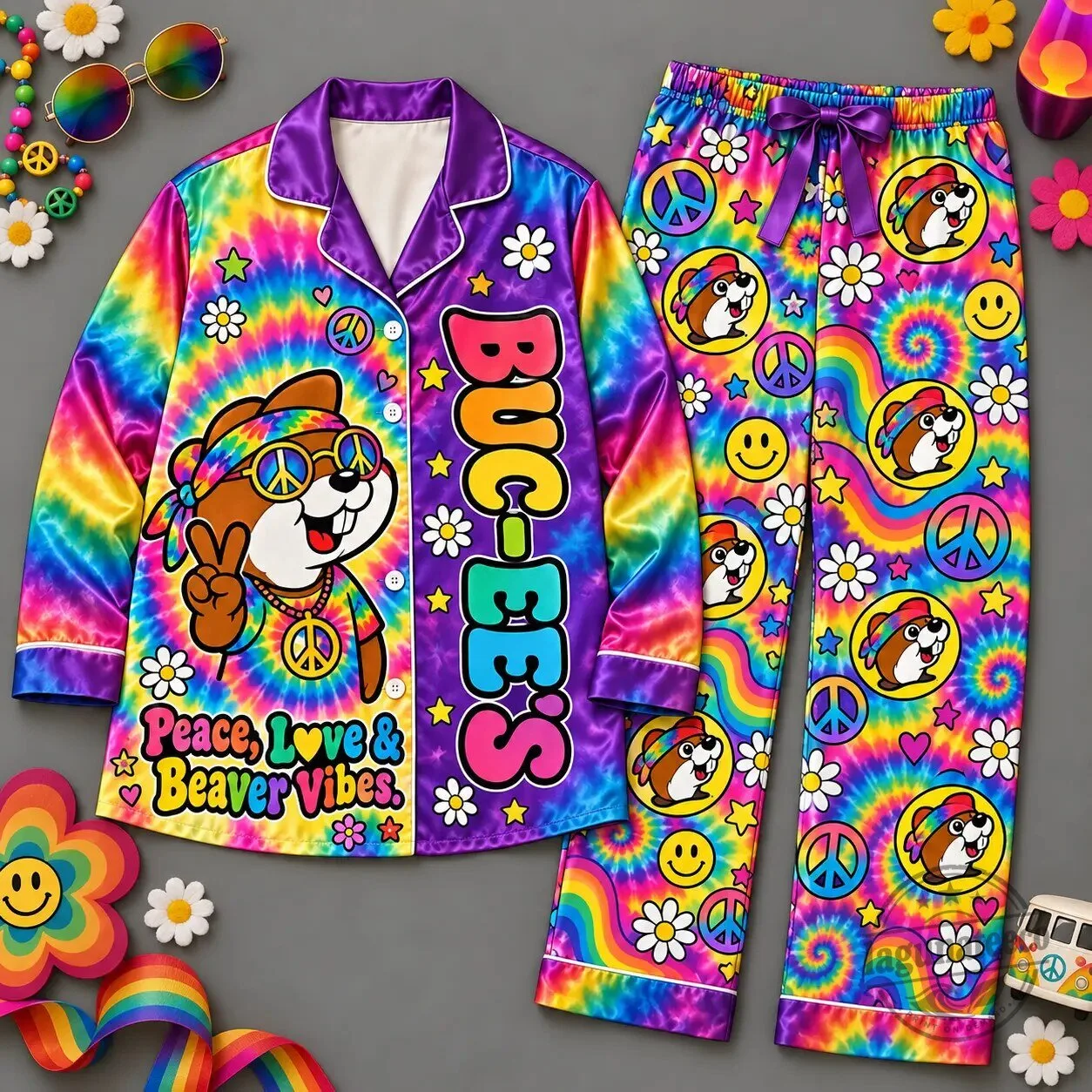 Buc-ee’s Peace Love And Beaver Vibes Tie-Dye Pajamas Set
