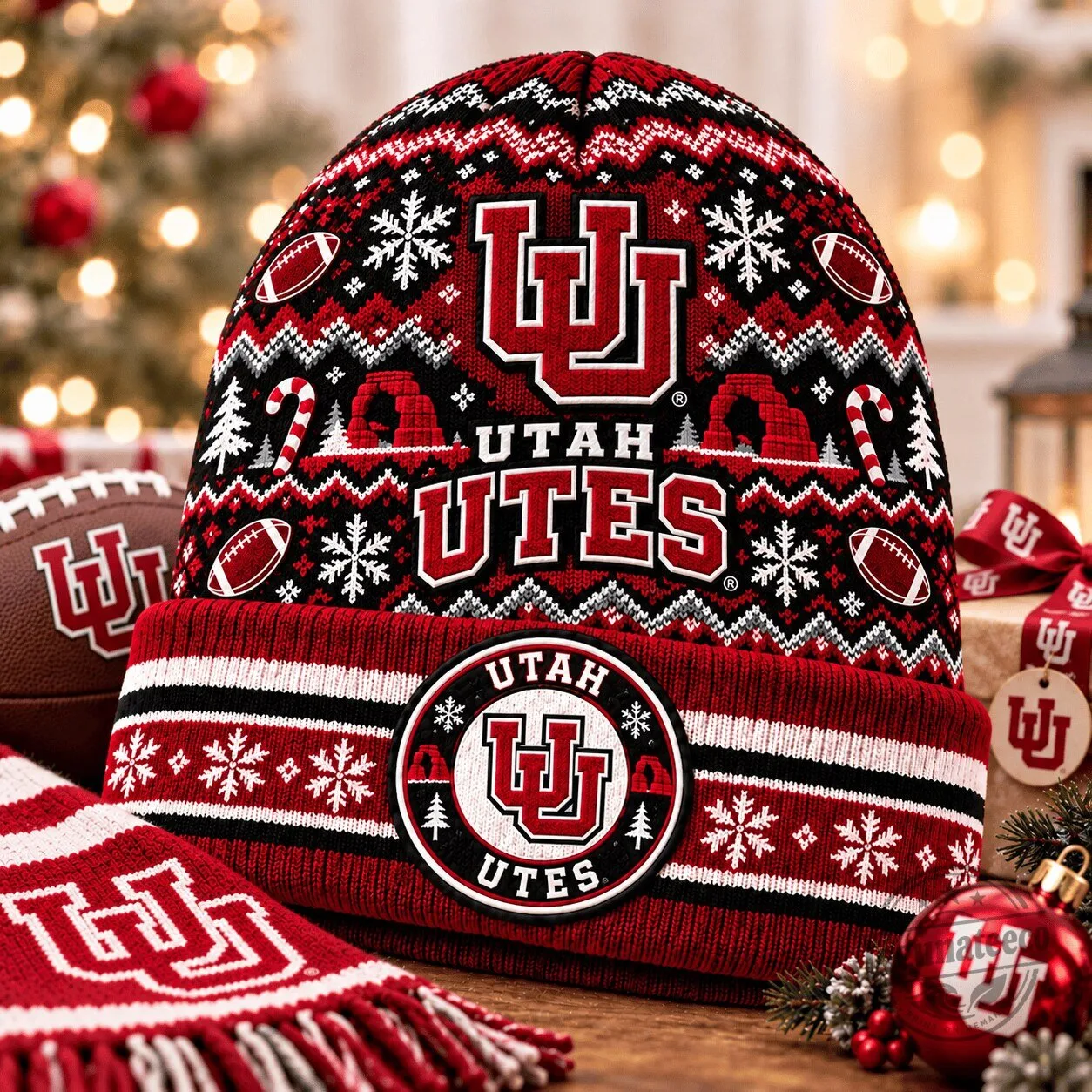 Utah Utes Ugly Christmas Sweater Pattern Winter Beanie Hat
