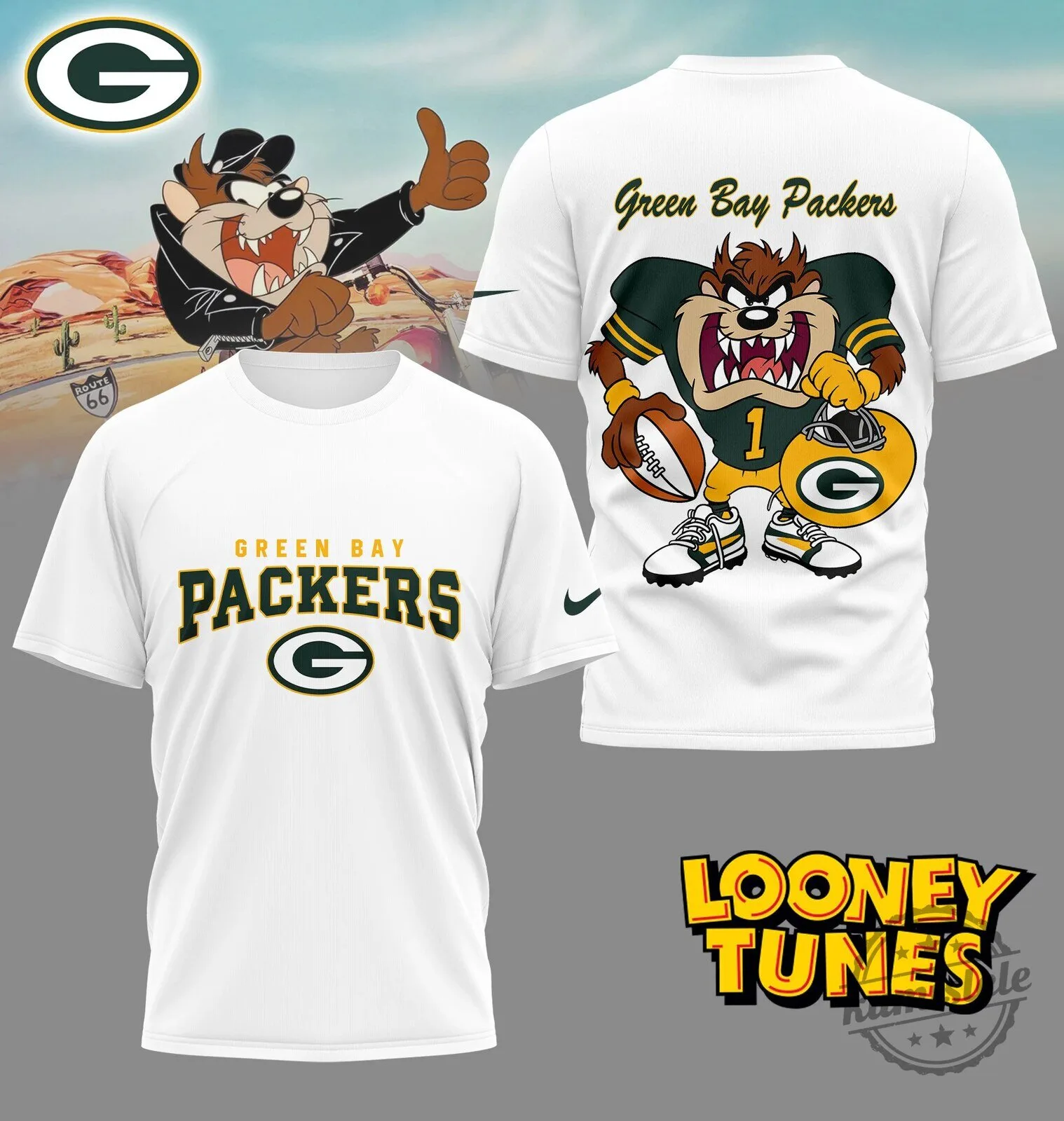 Green Bay Packers NFL Fan Shirt with Looney Tunes Tazmanian Devil Design
