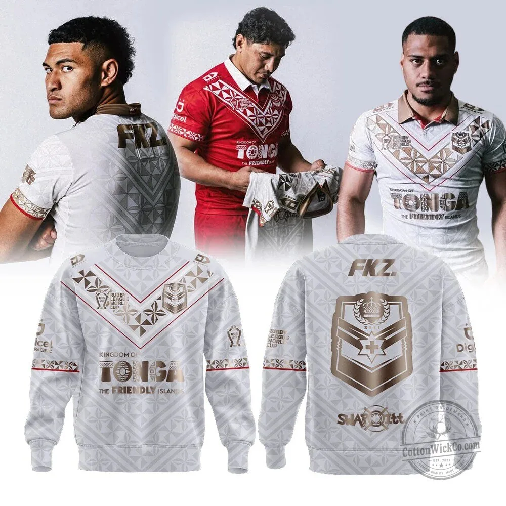 Tonga Rugby League 2026 World Cup White and Gold Pattern Sweatshirt