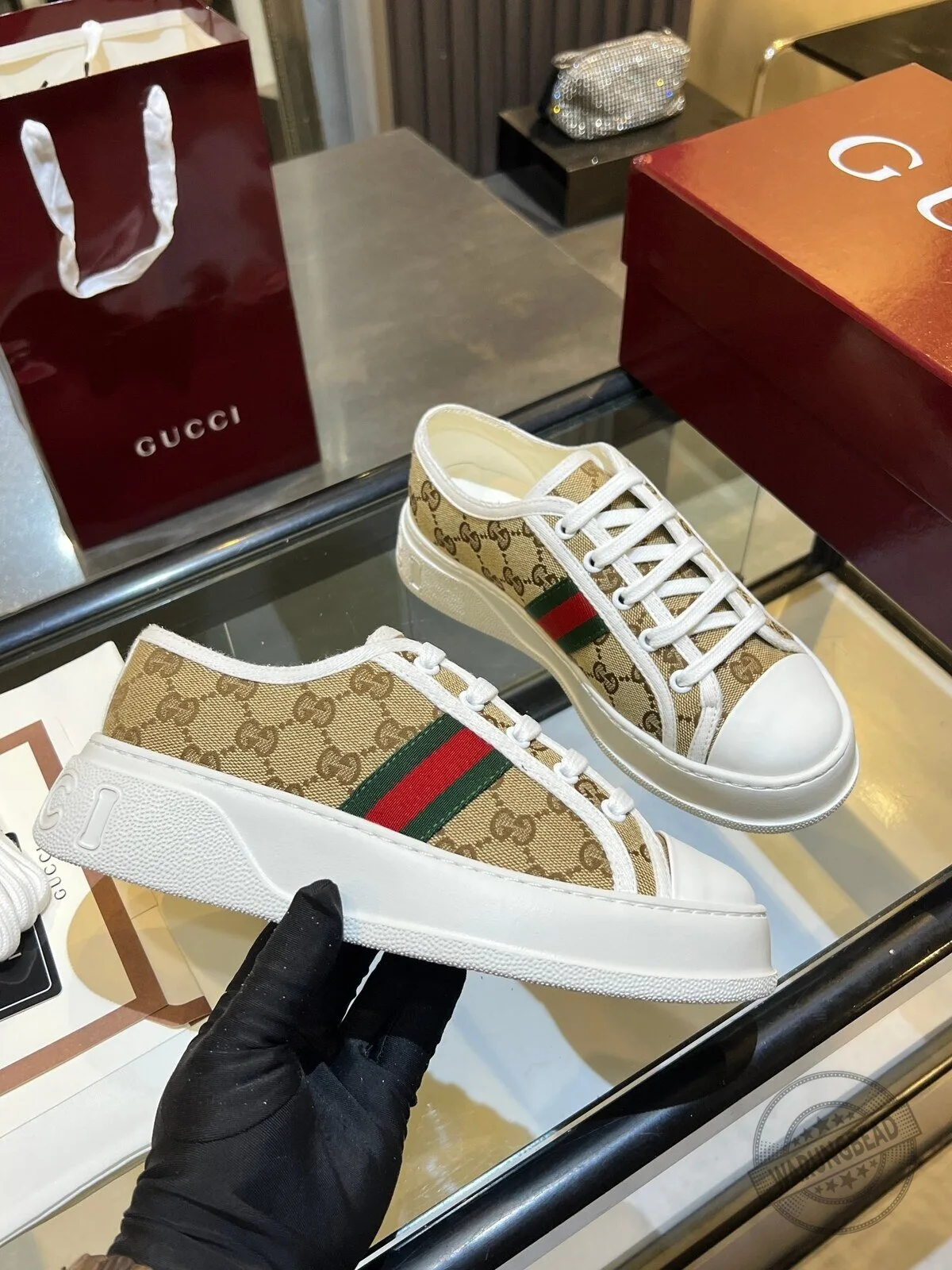 Gucci Beige Monogram Canvas Low Top Sneakers with Red and Green Stripe Detail 4 Gucci Beige Monogram Canvas Low Top Sneakers with Red and Green Stripe Detail