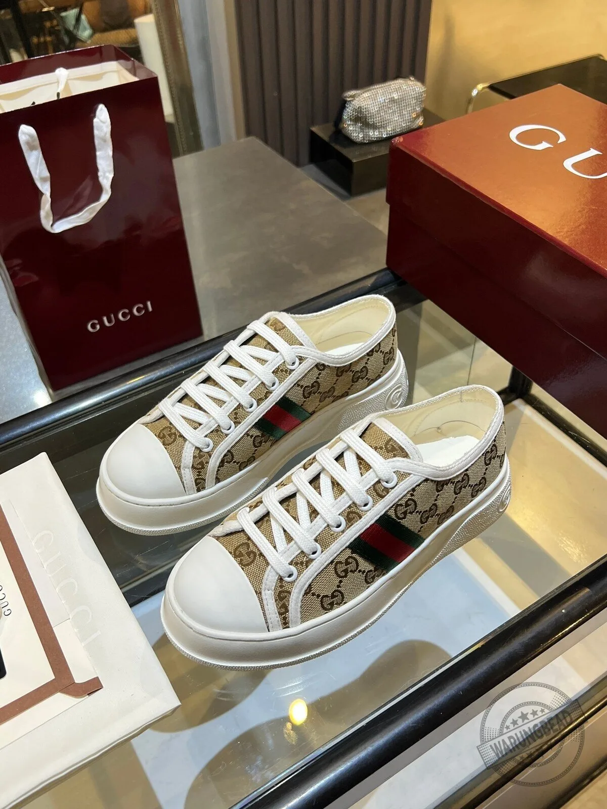 Gucci Beige Monogram Canvas Low Top Sneakers with Red and Green Stripe Detail 5 Gucci Beige Monogram Canvas Low Top Sneakers with Red and Green Stripe Detail