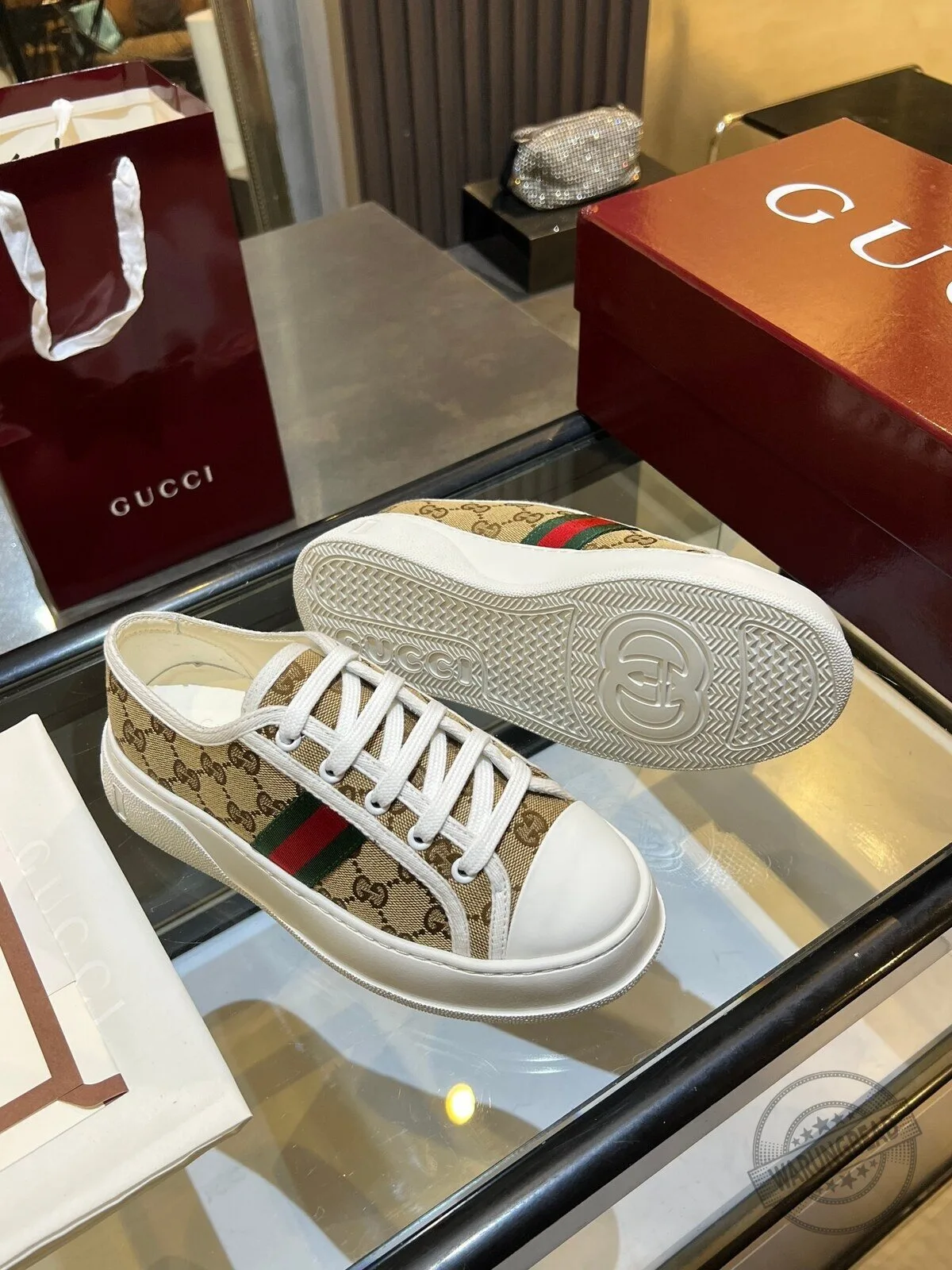 Gucci Beige Monogram Canvas Low Top Sneakers with Red and Green Stripe Detail 6 Gucci Beige Monogram Canvas Low Top Sneakers with Red and Green Stripe Detail