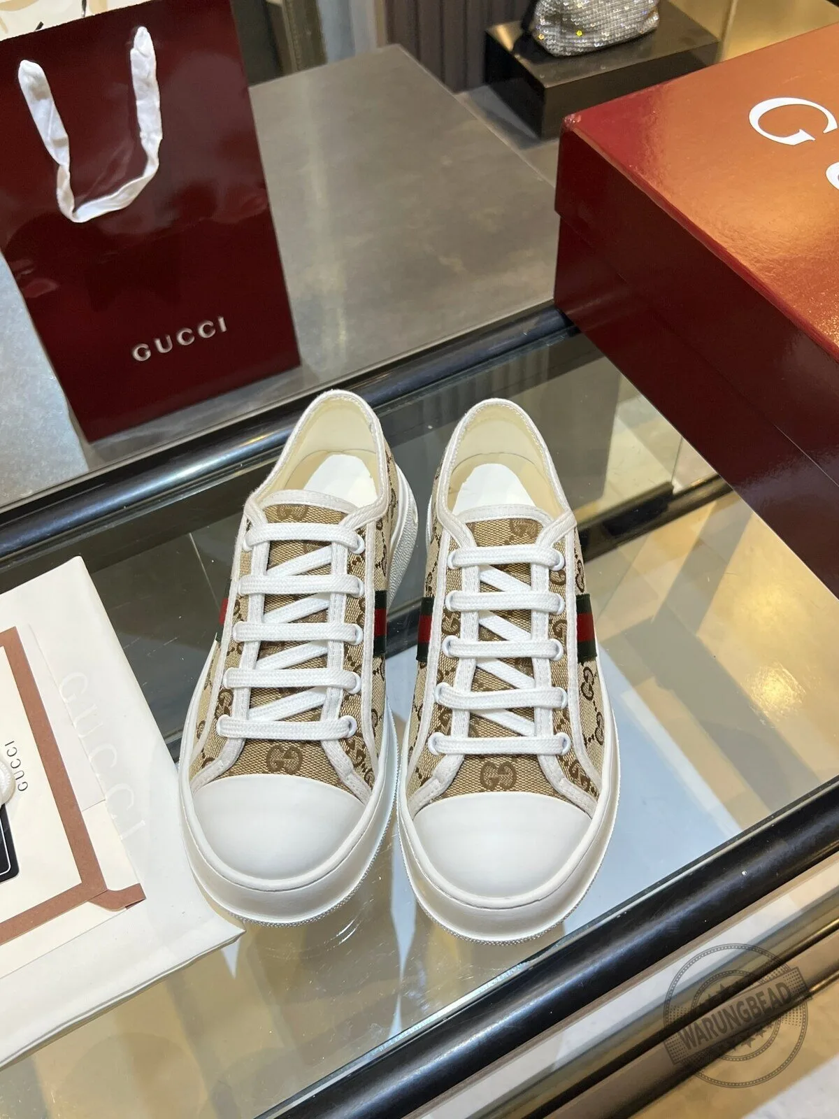 Gucci Beige Monogram Canvas Low Top Sneakers with Red and Green Stripe Detail 7 Gucci Beige Monogram Canvas Low Top Sneakers with Red and Green Stripe Detail