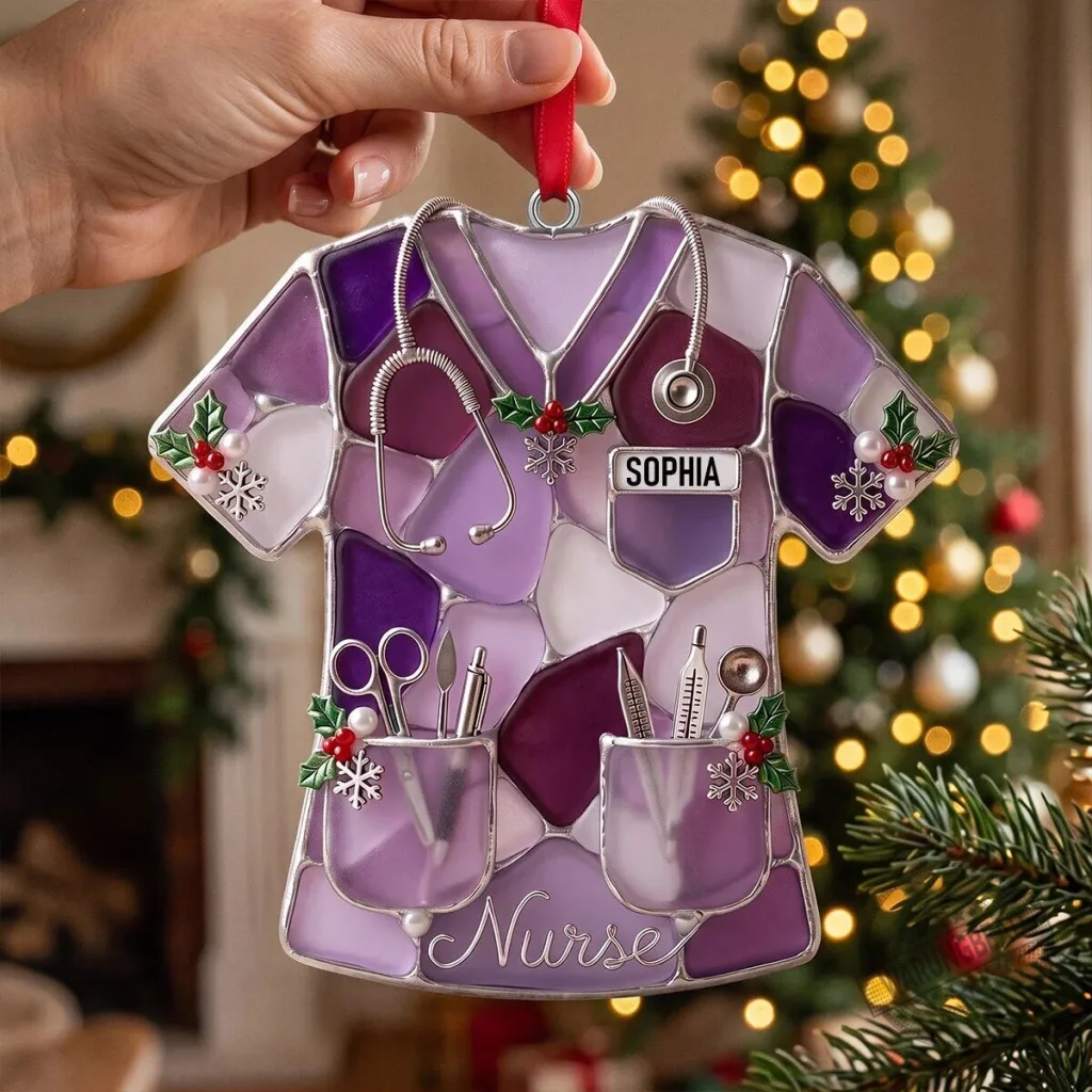 Personalized Nurse Scrub Christmas Tree Ornament, Stained Glass Style Holiday Decoration Personalized Nurse Scrub Christmas Tree Ornament, Stained Glass Style Holiday Decoration