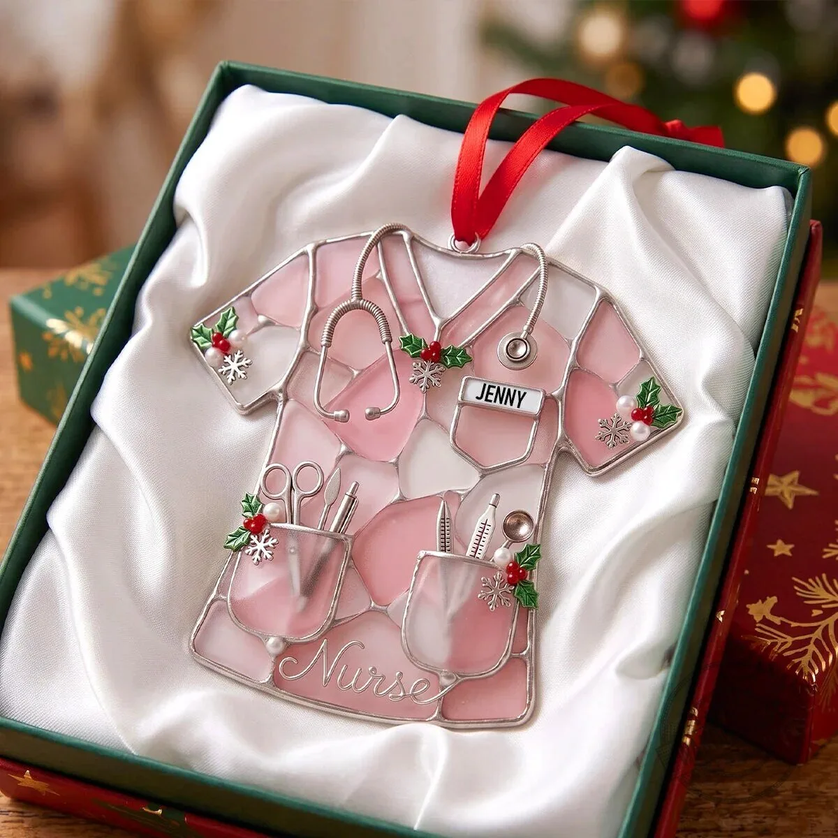 Personalized Nurse Scrub Christmas Tree Ornament, Stained Glass Style Holiday Decoration 4 Personalized Nurse Scrub Christmas Tree Ornament, Stained Glass Style Holiday Decoration
