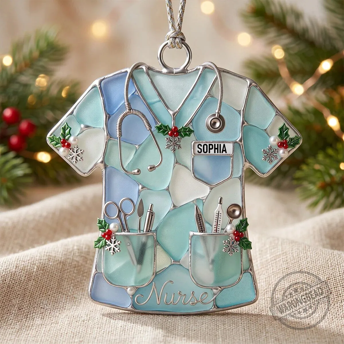 Personalized Nurse Scrub Christmas Tree Ornament, Stained Glass Style Holiday Decoration 5 Personalized Nurse Scrub Christmas Tree Ornament, Stained Glass Style Holiday Decoration