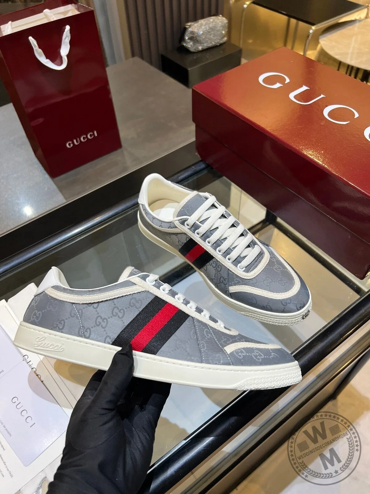 Gucci Grey Canvas Low Top Sneakers with Red and Green Stripe