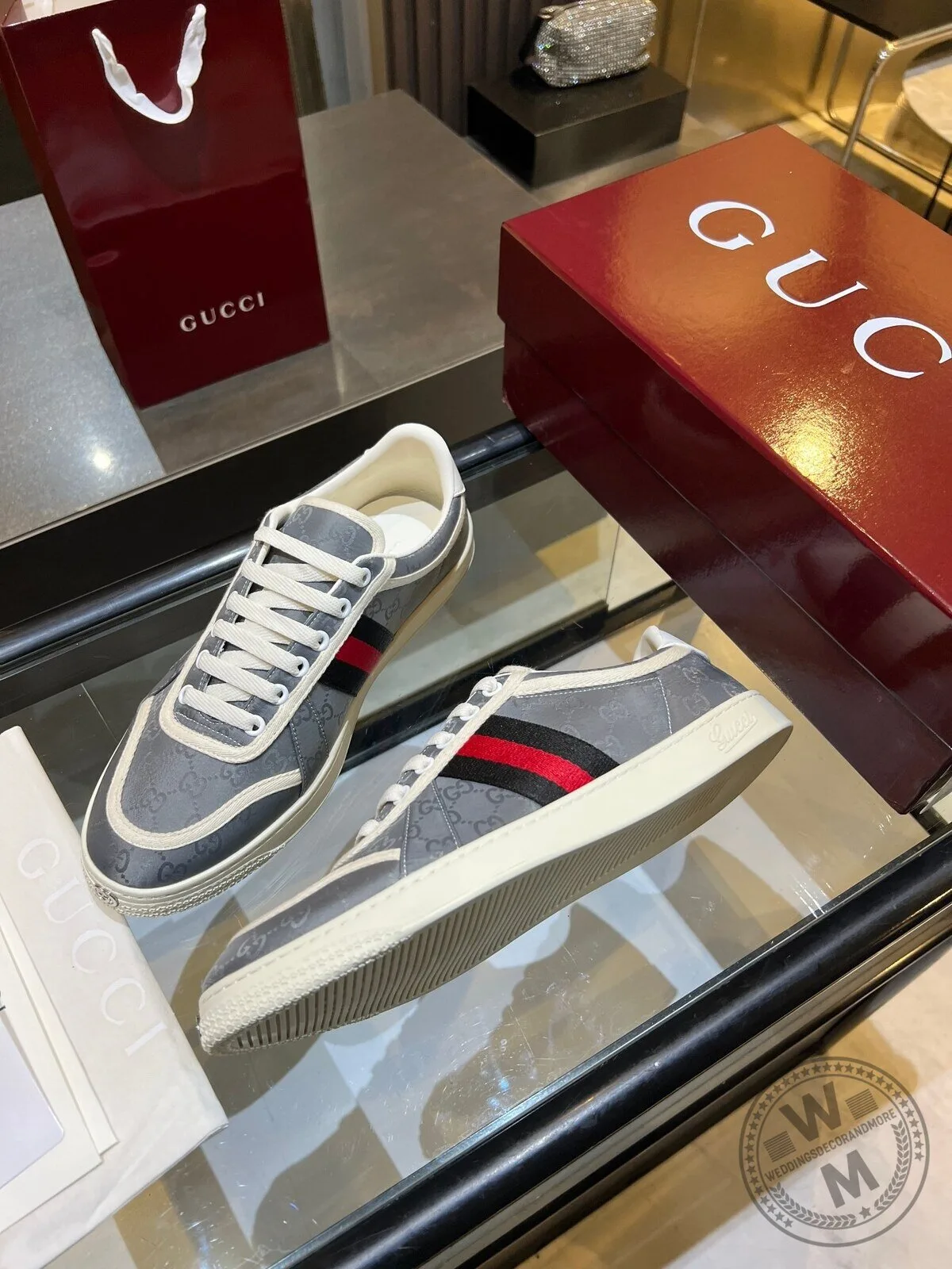 Gucci Grey Canvas Low Top Sneakers with Red and Green Stripe 8 Gucci Grey Canvas Low Top Sneakers with Red and Green Stripe