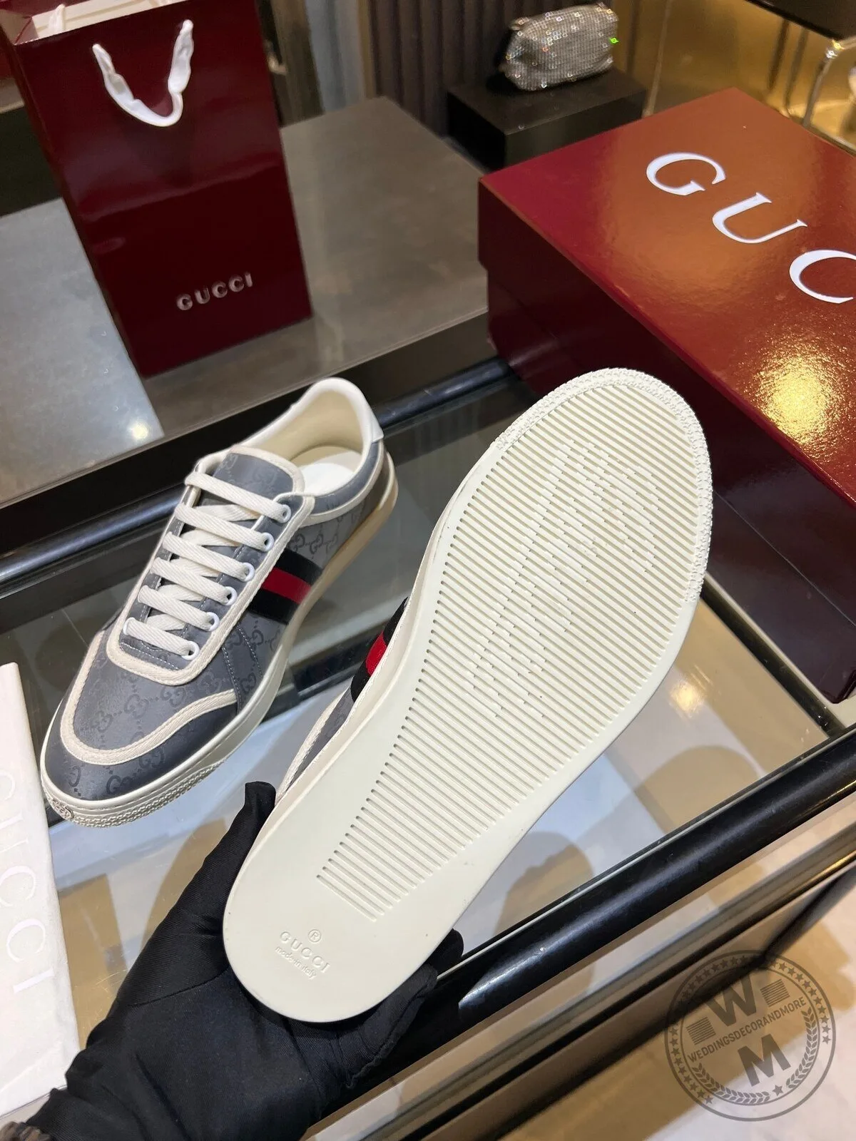 Gucci Grey Canvas Low Top Sneakers with Red and Green Stripe 9 Gucci Grey Canvas Low Top Sneakers with Red and Green Stripe