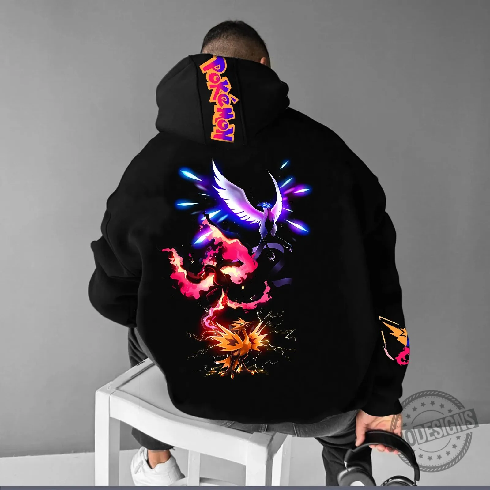 Pokemon Legendary Birds Articuno Zapdos Moltres Graphic Black Hoodie