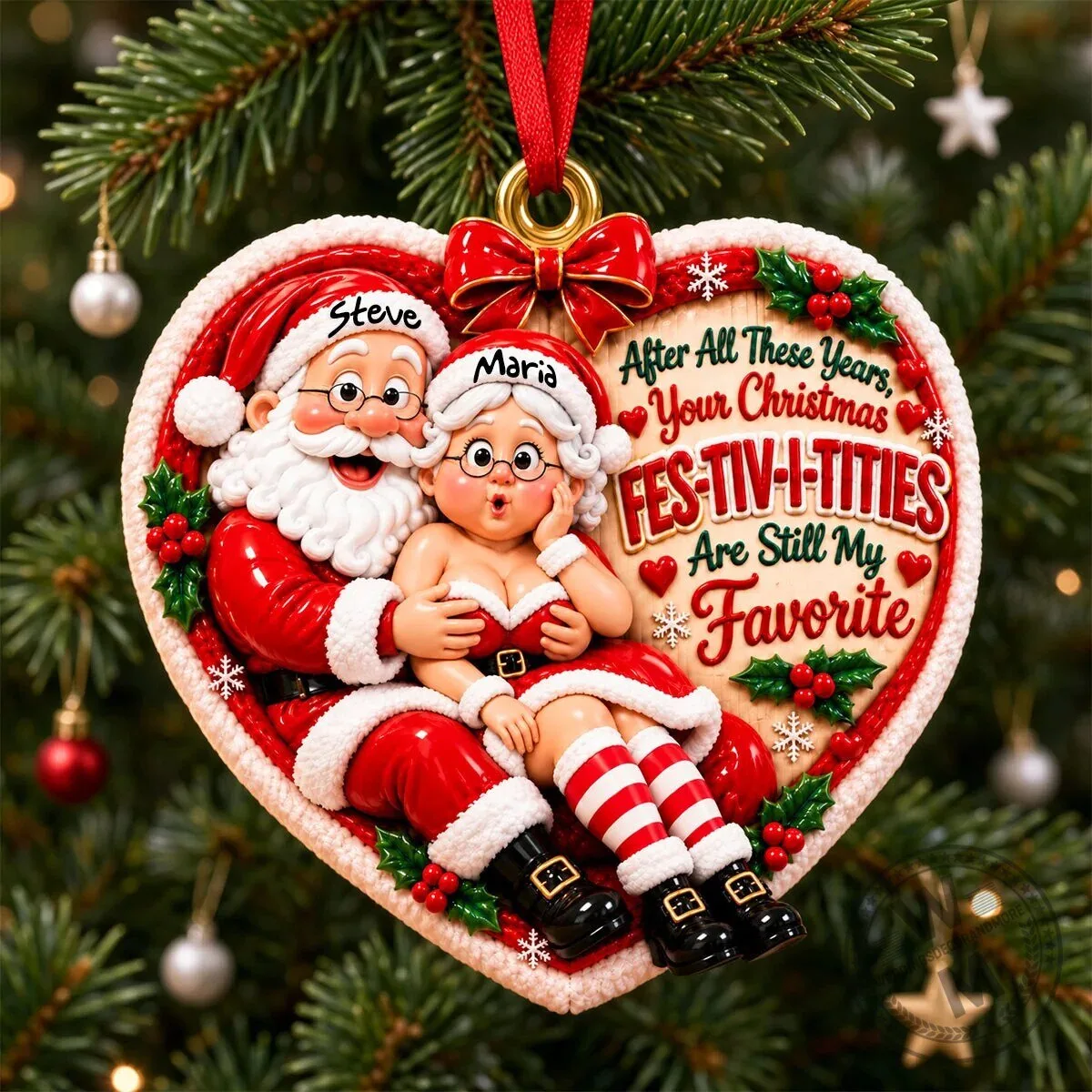 Custom Christmas Ornament Featuring Naughty Santa and Mrs. Claus Couple